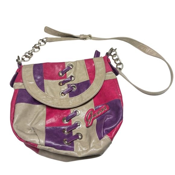 Y2K Guess Patchwork Shoulder Crossbody Bag – Pink/Purple/Beige – Vintage 2000s - Picture 11 of 15